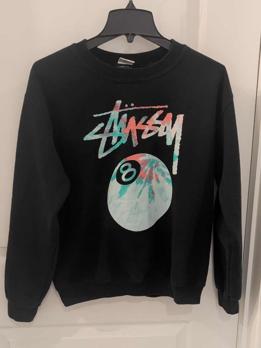 Stussy Black Graphic Crewneck Sweatshirt - Tie-Dye 8-Ball Streetwear Skateboard